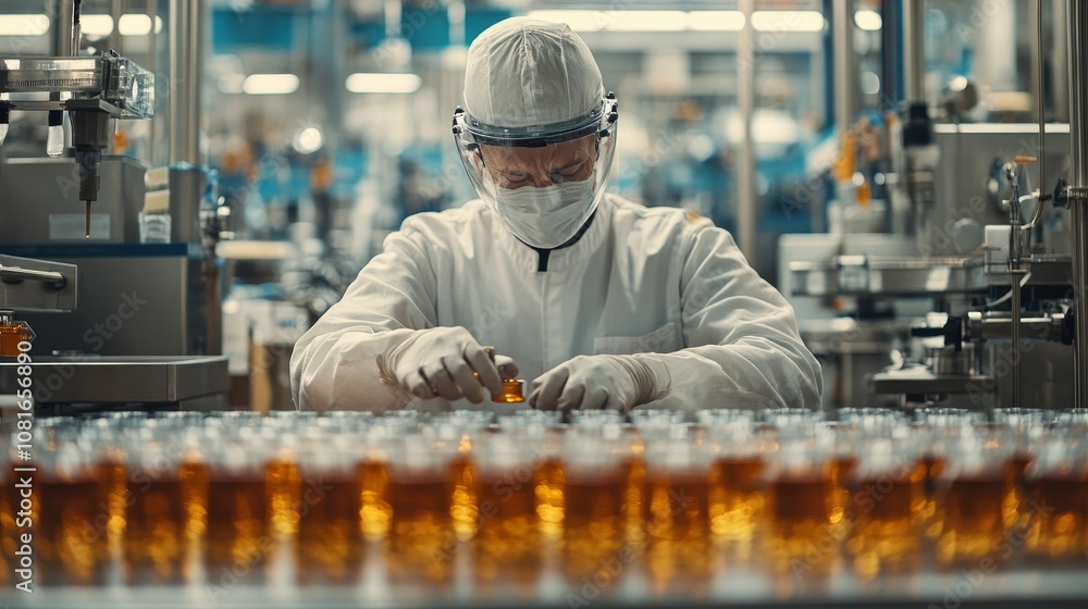 Poster worker in protective gear assembling products on an assembly line in a factory setting