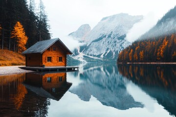 Obraz premium Tranquil cabin retreat italian alps nature landscape autumn serenity reflective waters peaceful escape