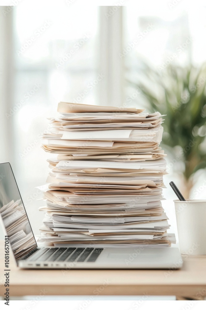 Poster a cluttered workspace showcasing a tall stack of papers beside a laptop, emphasizing a busy work env