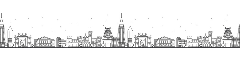 Seamless pattern with outline Bangalore India city Skyline with Historic Buildings. © BooblGum