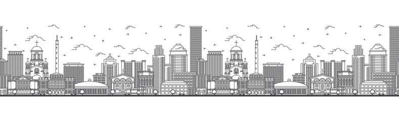Fototapeta premium Seamless pattern with outline Yekaterinburg Russia City Skyline with Modern Buildings Isolated on White. Yekaterinburg Cityscape with Landmarks.
