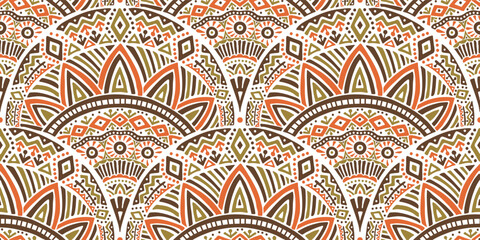 Seamless African pattern with scallop shape. Savanna tribal vector ornament. Hand drawn ethnic carpet with weave. Modern geo print on textile. Ancient rug design for bohemian interior.