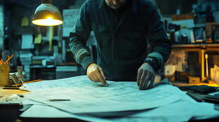 Obraz premium A Man Working on a Blueprint in His Workshop - Realistic Image
