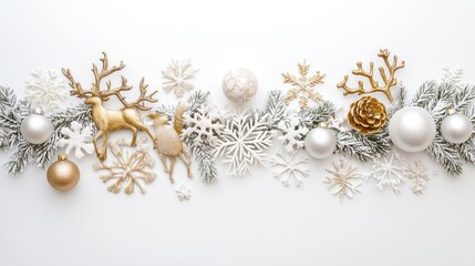 Fototapeta premium Festive christmas and new year background with top view of elegant holiday decorations including glittering christmas balls, sparkling snowflakes, and reindeer ornaments on a clean white background, p