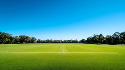 Obraz premium A cricket pitch with grassy outfield, outdoor setting with clear blue sky, Natural style