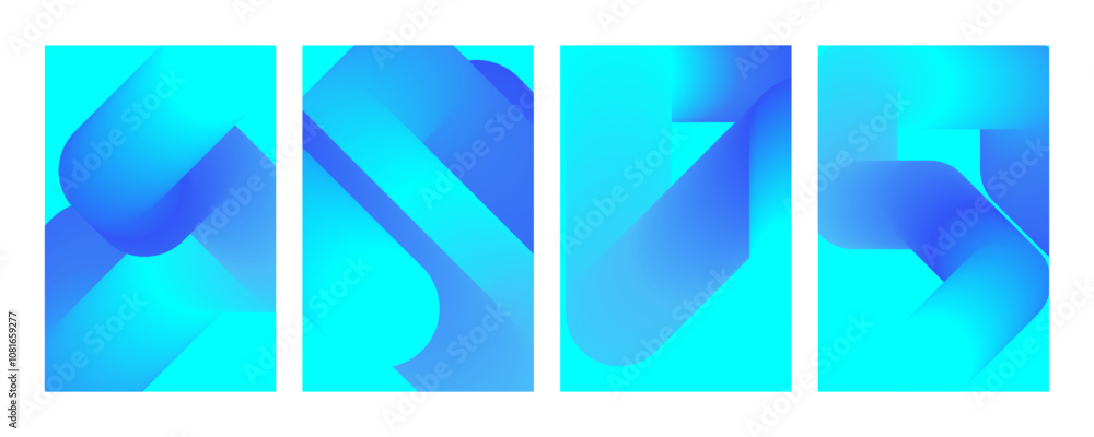 Poster abstract cover set with dynamic curved lines. blue neon gradient background collection
