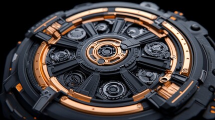 Fototapeta premium Futuristic Clockwork Mechanism with Black and Gold Design
