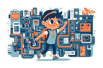 A cartoon boy with a backpack and a phone in his hand walks towards a wall full of complex machinery and wires.