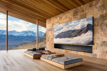 Modern living room design luxury home interior photography mountain view minimalist aesthetic serenity