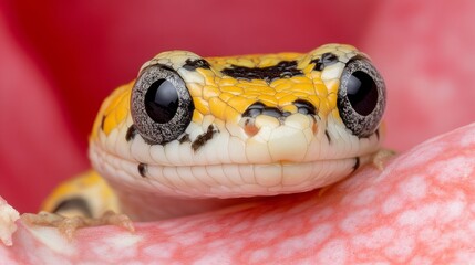 Obraz premium A close up of a yellow and black lizard on a pink flower
