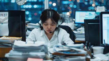 Overwhelmed Young Professional in Intense Modern Office Environment Struggling with Toxic Productivity and Workaholism Concept