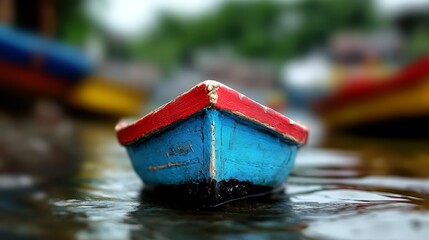 Obraz premium A small blue and red boat floating on top of a body of water