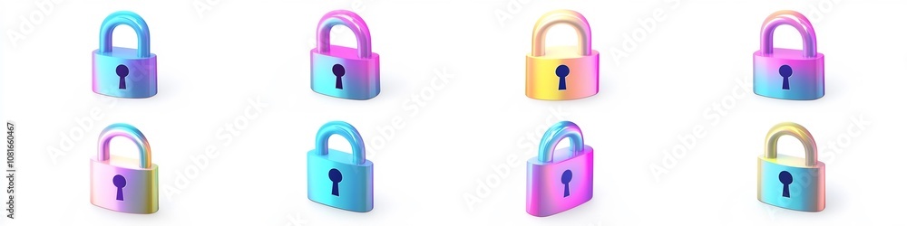 Poster iridescent 3d lock icons in gradient colors for digital security and privacy symbols