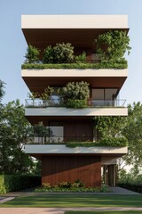 A modern, multi-level building featuring lush greenery and balconies, integrating nature with contemporary architecture.
