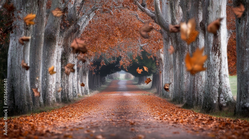 Poster a road with trees on either side and leaves falling from the trees