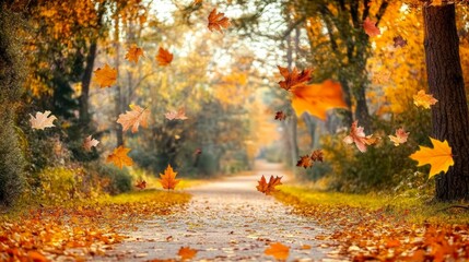 Naklejka premium A path with leaves flying in the air