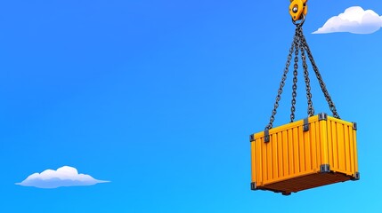 Fototapeta premium Yellow Shipping Container Hanging From Crane Against Blue Sky