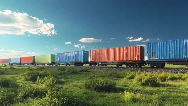 A colorful freight train moving through green fields under a bright sky. Ideal for illustrations related to transportation, logistics, and outdoors. Vibrant imagery. Generative AI