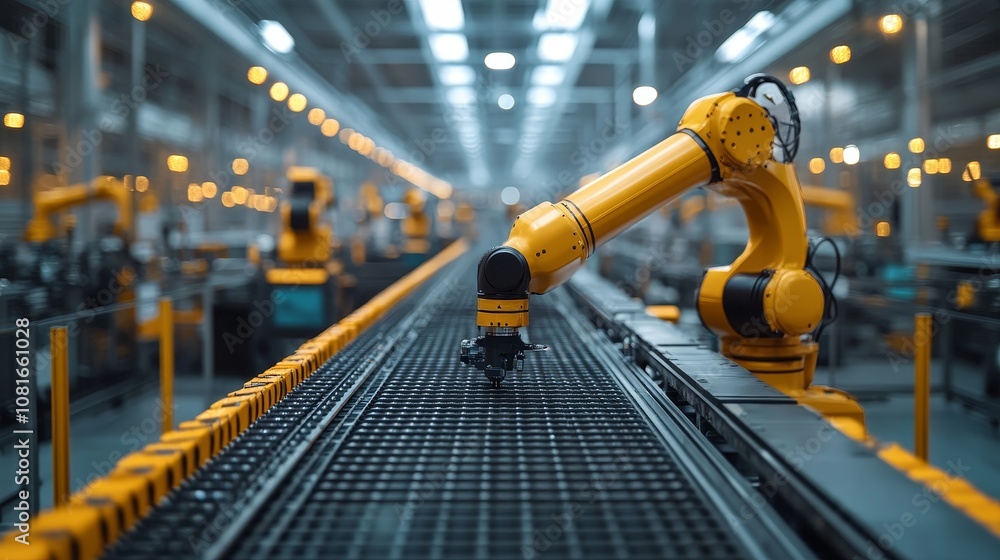 Poster robotic arm assembling on a production line in a modern factory