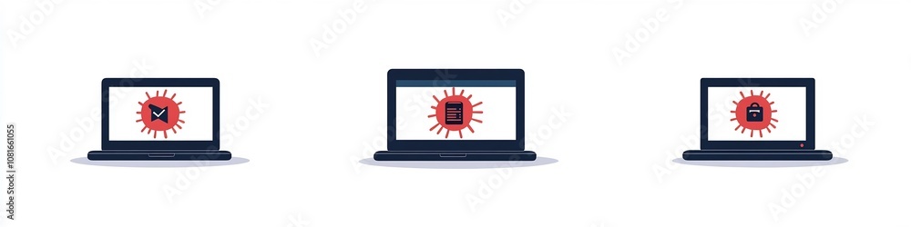 Poster computer hacking icons showing system error warning on laptop with emergency alert of cyber threat