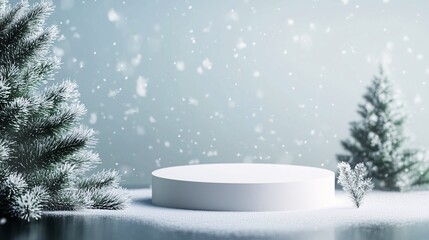 Circular Podium Product Presentation with Snow Falling and Christmas Tree Background for Advertisement