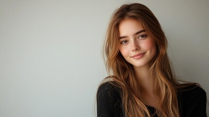 Naklejka premium A woman with long brown hair is smiling