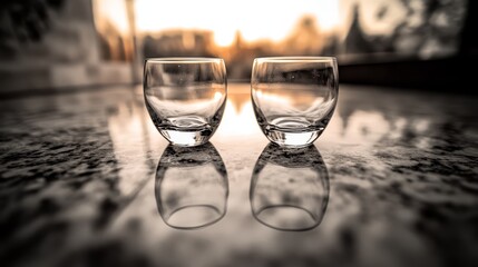 Obraz premium Two empty glasses sitting on top of a table