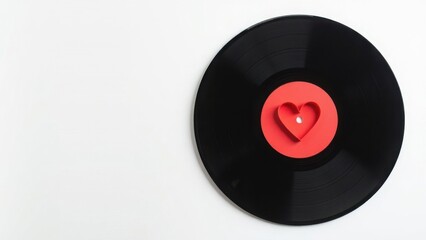 Black vinyl record with a red heart label on a white background with copy space. Flat lay composition. Valentine's Day and music love concept. Design for greeting card, poster, invitation, banner
