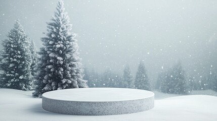 Fototapeta premium Circular Podium with Snowy Chrismast Tree Background for Product Presentation