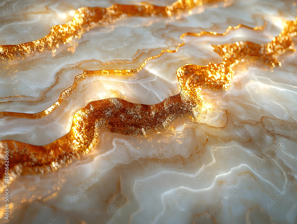 Poster a mesmerizing close-up of textured white surface with flowing gold accents, creating an elegant and 