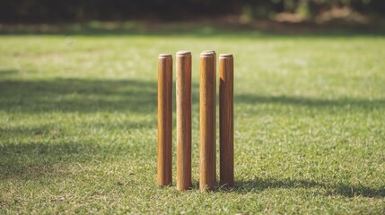 A cricket wicket stumps and bails, outdoor setting with green pitch backdrop, Natural style