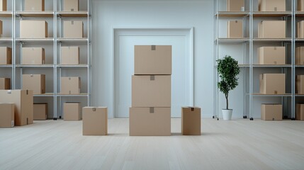 A minimalist storage area with stacked cardboard boxes against a clean, modern backdrop, showcasing organization and simplicity.