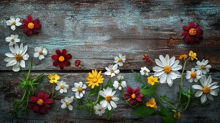 Obraz premium Colorful garden flowers arranged on a rustic wooden table during bright daylight