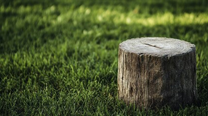 A cricket wicket's wooden stump texture, outdoor setting with green grass background, Natural style