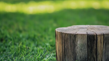 A cricket wicket's wooden stump texture, outdoor setting with green grass, Artistic style