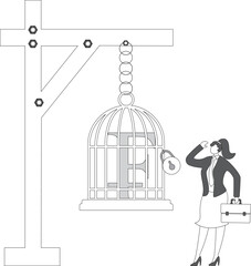 Businesswoman looking at a franc sign french currency in a cage