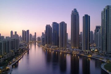Fototapeta premium Urban landscape twilight dubai cityscape modern architecture aerial view serenity