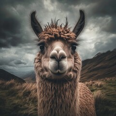 Obraz premium A close-up of a curious llama in a dramatic landscape.