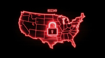 Neon Glowing United States Map with American Flag and Red Padlock Silhouette Outline on Black Background