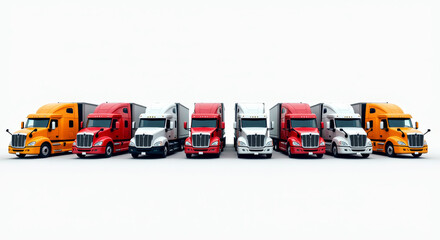 Fototapeta premium Colorful Fleet of Semi-Trucks for Transportation and Logistics Industry, Featuring Multiple Red, White, and Yellow Trucks in High-Quality Photograph
