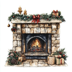 cozy stone fireplace decorated for Christmas with candles, garlands, and gifts, creating warm holiday atmosphere