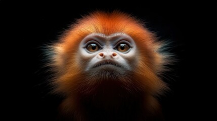 A close-up portrait of a monkey with striking orange fur against a dark background.