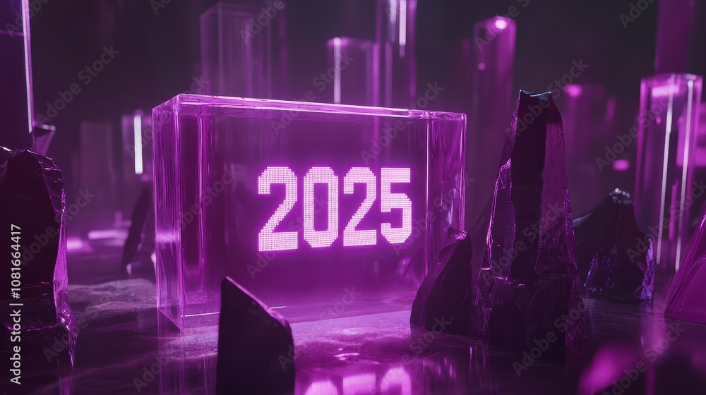 Aufkleber futuristic urban landscape with holographic elements and floating structures in a vivid purple color