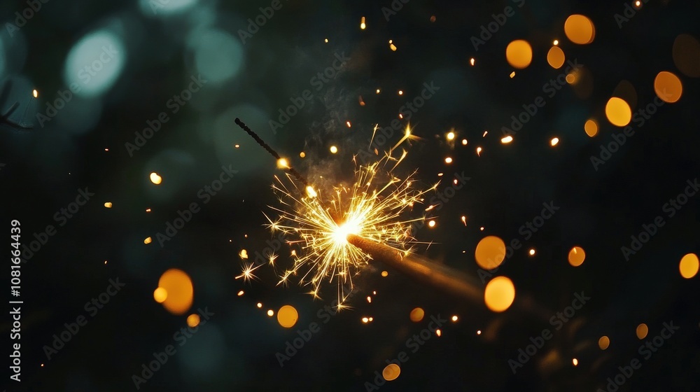 Poster a single sparkler igniting in the darkness with bokeh lights