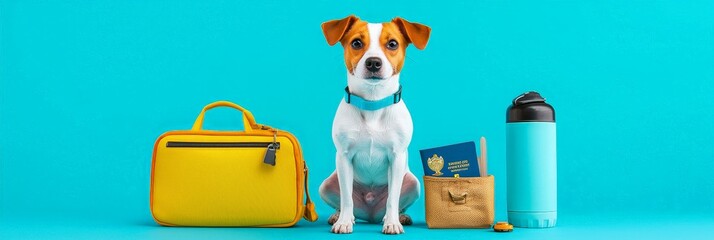 pet travel  vacation  road trip concept. A cute dog sits next to a bright yellow bag, a container of dog food, and a water bottle against a vibrant blue background.