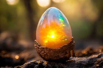 An opal egg sitting on top of a rock