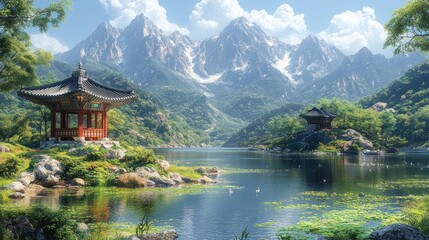 Fototapeta premium Serene landscape with mountains, lakes, and traditional pavilions.