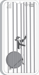 Businesswoman is locked in a big smart phone with chain