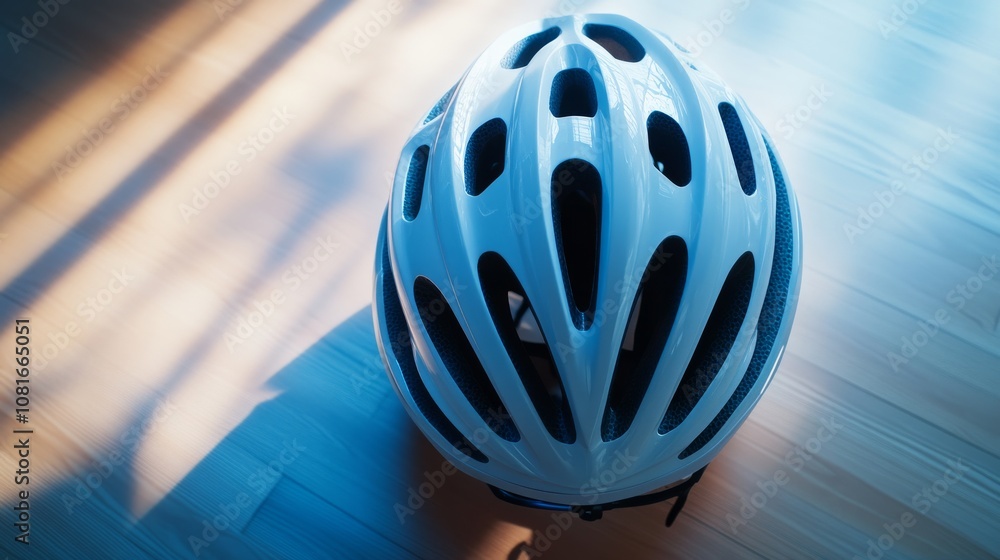 Poster a cycling helmet with focus on the ventilation holes, indoor setting with soft artificial light, fut