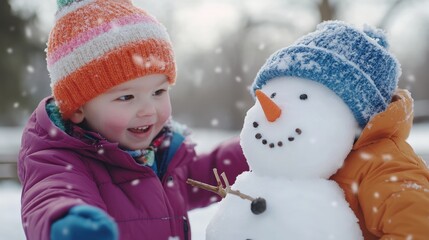 A joyful child building a snowman on a snowy day.